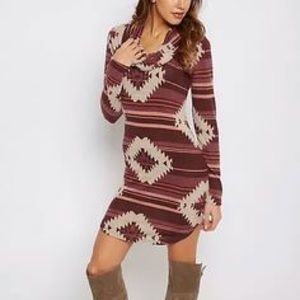 Aztec Cowl Neck Midi Sweater Dress